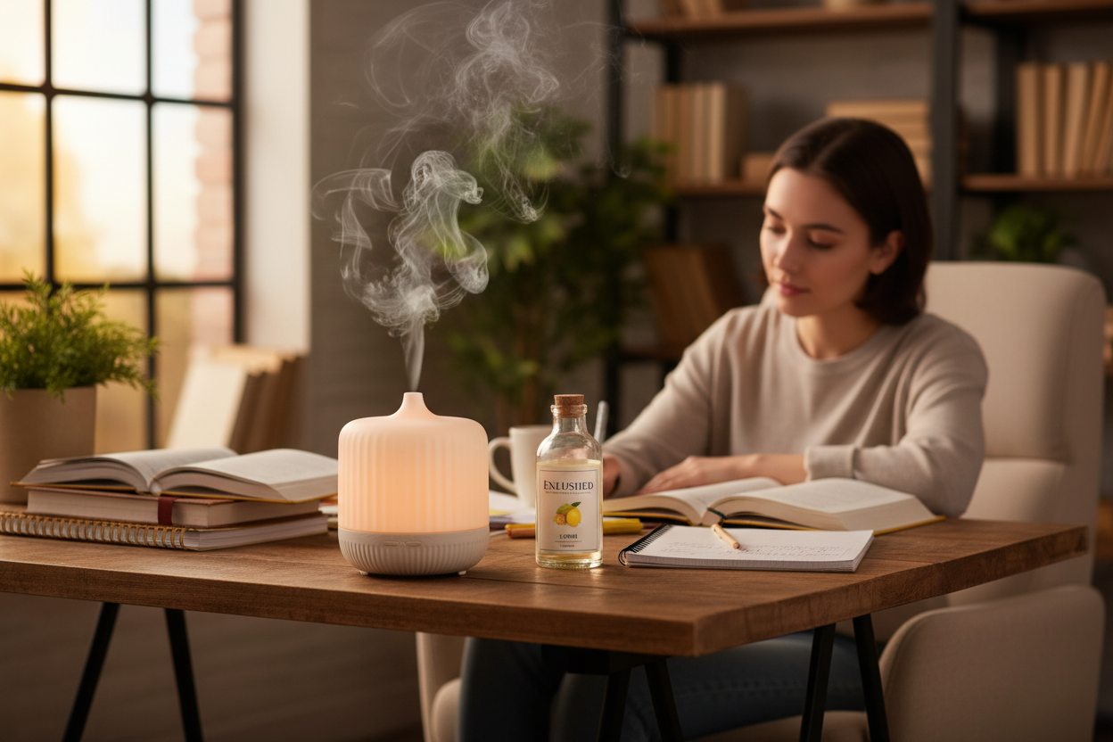 Enlushed Brand Lemon essential oil being diffused in electric diffuser to allow student to study comfortably and increasing his concentration