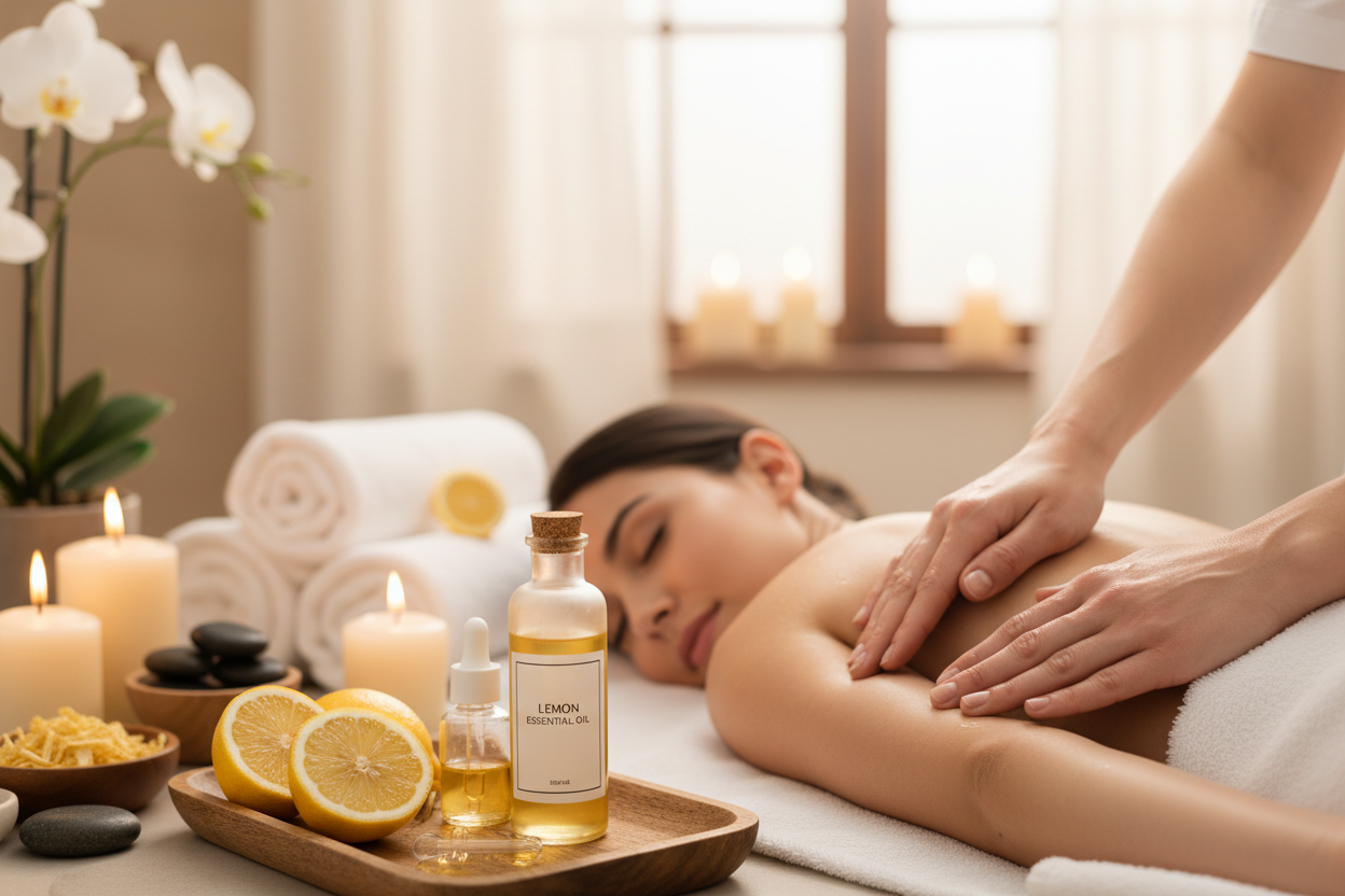 Lemon essential oil being used for massage in spa