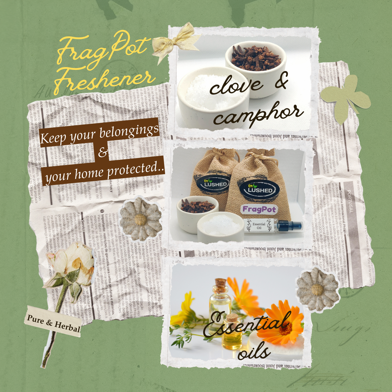 Herbal Freshener Wardrobe|Clothes|Toilet|Home with Essential Oil, Camphor & Clove, Ultimate Fresheness & Protection from Foul Smell & infestation