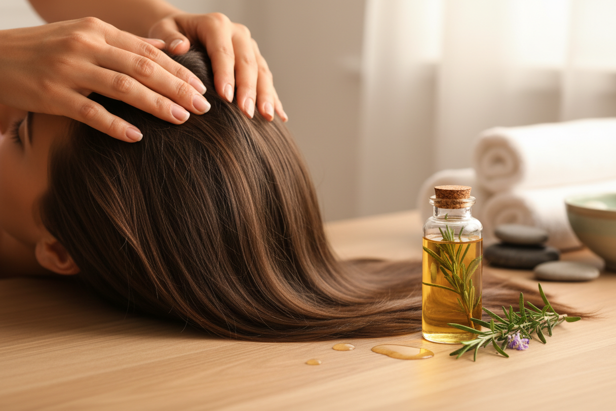 Rosemary oil being used for hair massage to control hairfall